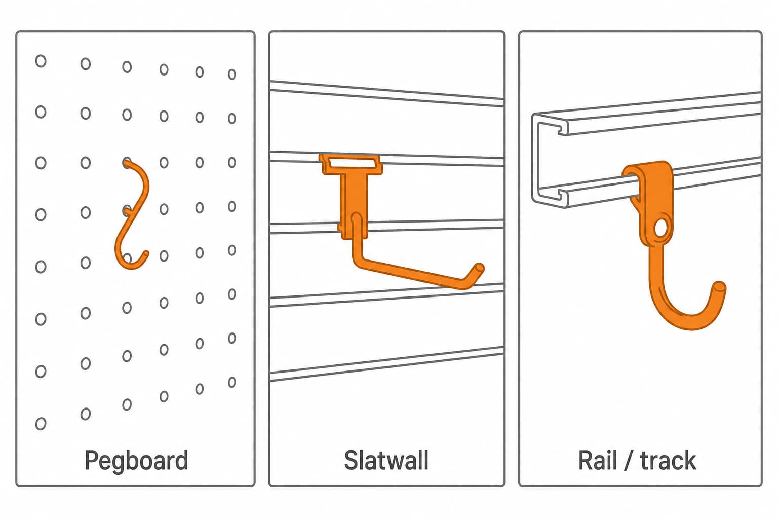 Side-by-side anatomy comparison of pegboard hole-grid, slatwall horizontal slats, and rail-channel mounting profiles showing how each holds a hook