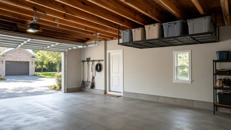 how to choose overhead garage storage — wide editorial view of a residential garage with a 4-foot by 8-foot overhead ceiling rack and storage totes