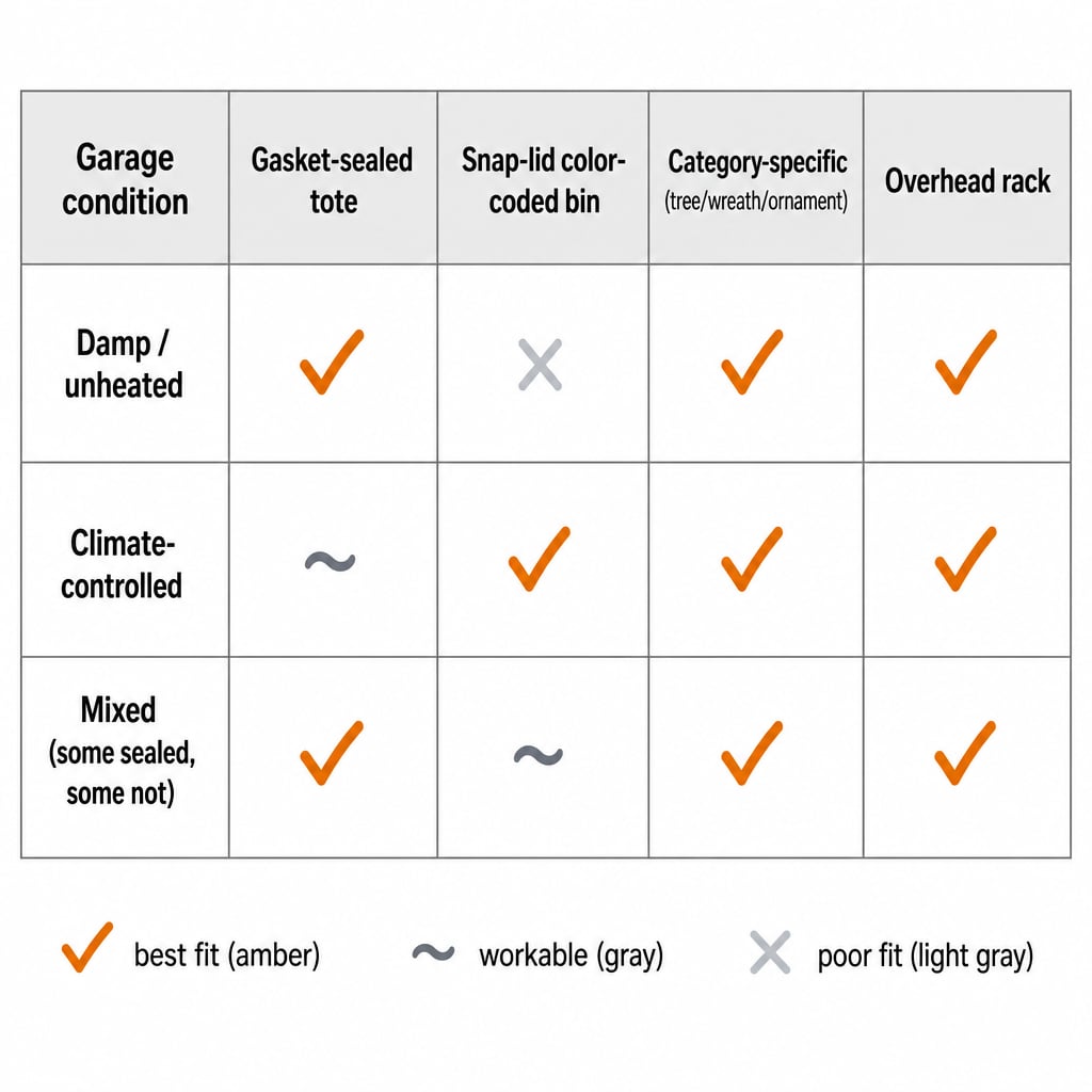 Decision matrix mapping climate-tolerance, rotation frequency, and accessibility to recommended seasonal storage container types