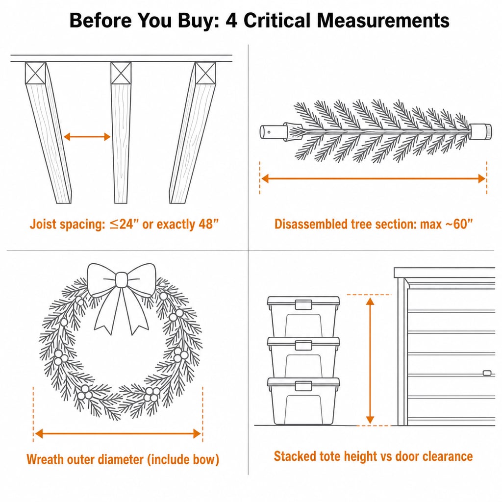 Measurement diagram showing the 4 critical measurements before buying seasonal garage storage: joist spacing, disassembled tree section length, wreath outer diameter, and stacked tote height