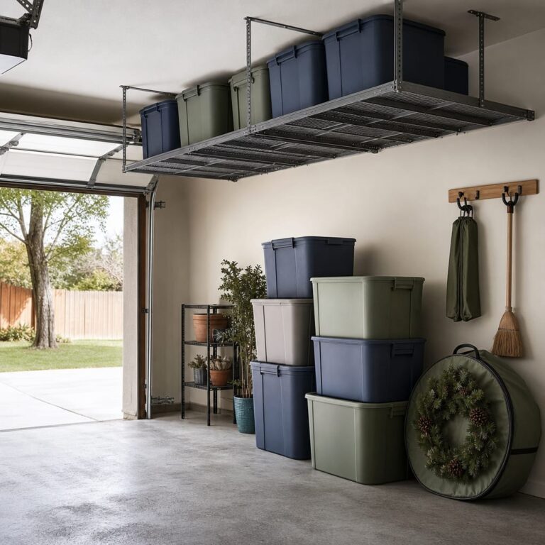 Organized residential garage with stacked seasonal storage totes, a hard-shell wreath bag, and an overhead ceiling rack holding off-season bins