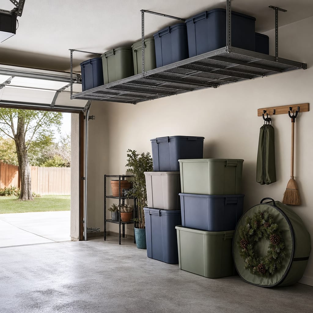 Organized residential garage with stacked seasonal storage totes, a hard-shell wreath bag, and an overhead ceiling rack holding off-season bins