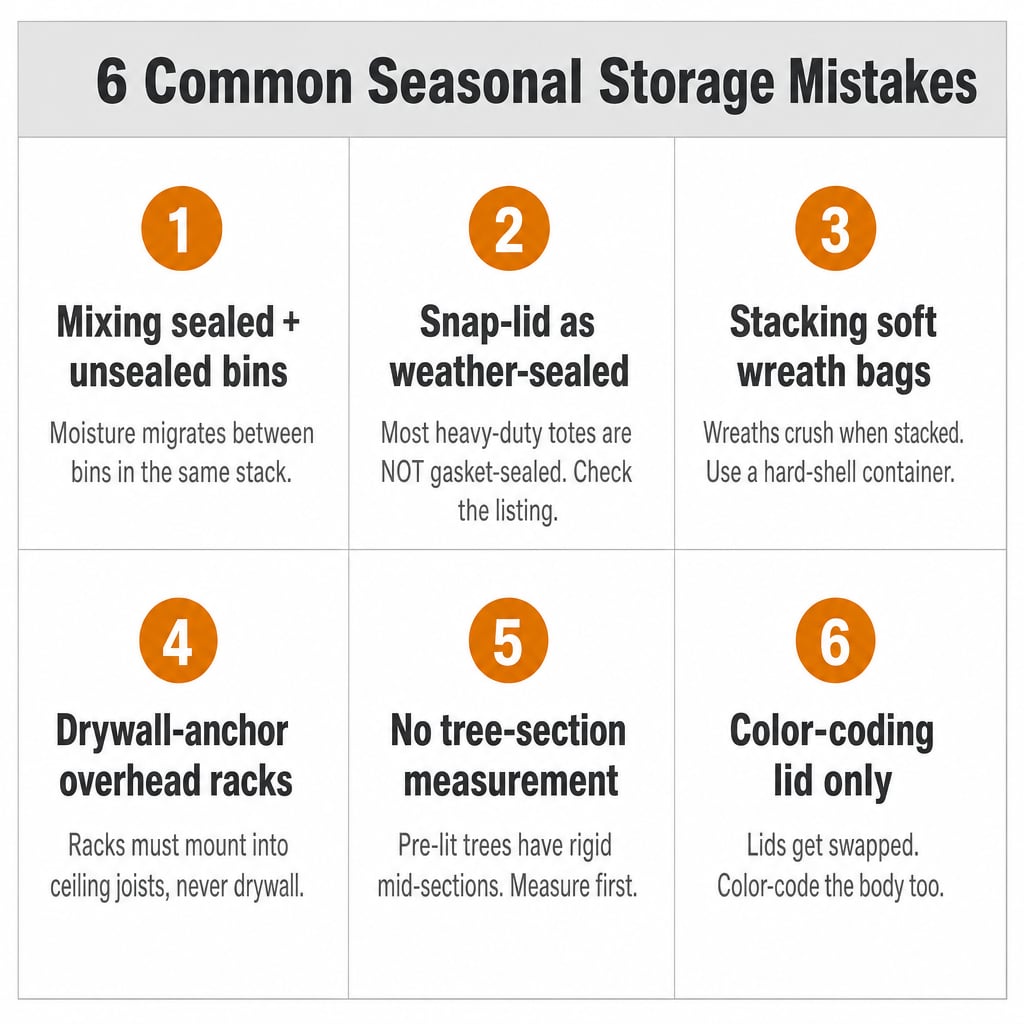 Six common seasonal garage storage mistakes summarized as a numbered checklist: mixing sealed and unsealed bins, snap-lid as weather-sealed, stacking soft wreath bags, drywall-anchor racks, no tree-section measurement, lid-only color-coding