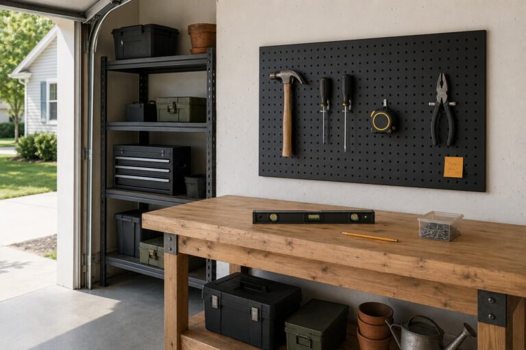 Newly installed pegboard panel on a garage wall holding hand tools on hooks, hammer and screwdriver visible in the foreground on a workbench, daylight