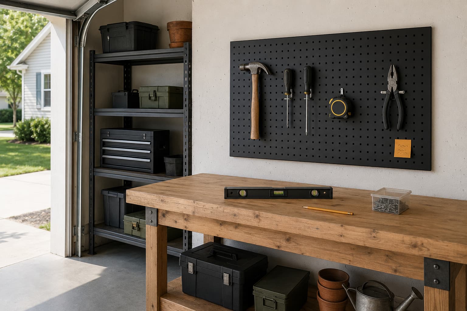 Newly installed pegboard panel on a garage wall holding hand tools on hooks, hammer and screwdriver visible in the foreground on a workbench, daylight