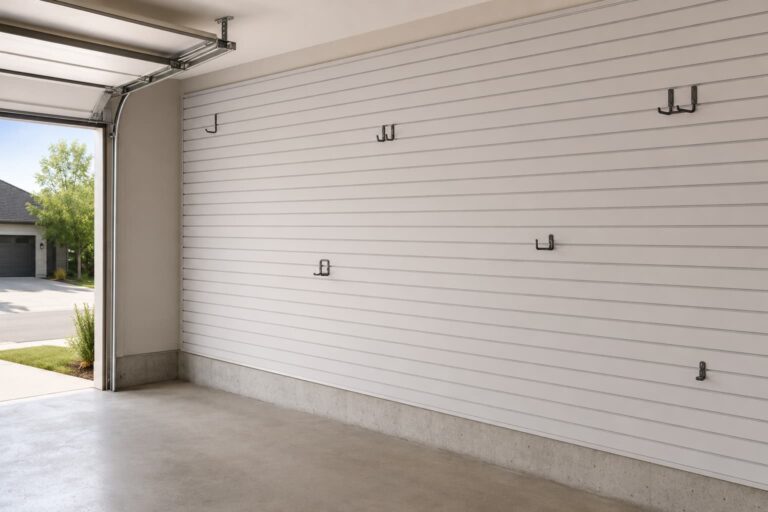 Section of garage wall with neutral light-gray slatwall panels installed, holding a few hooks and an empty pegboard-style accessory, in soft daylight from an open garage door