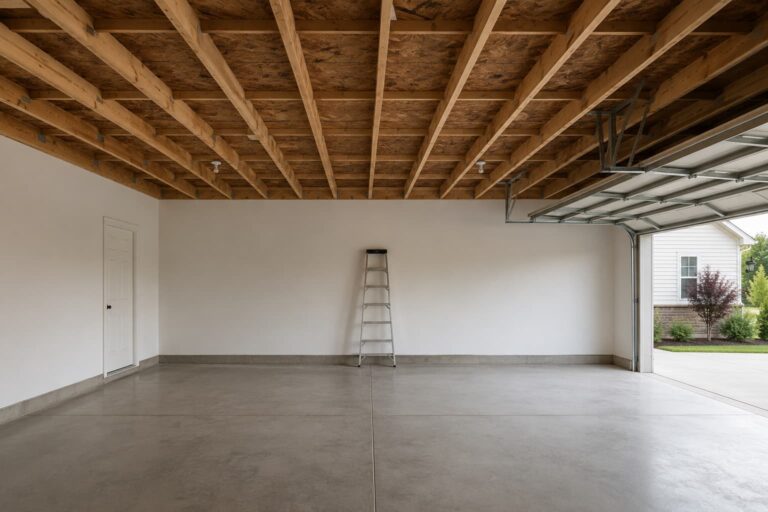 Empty residential garage ceiling with exposed wood joists, ready for overhead storage rack installation in daylight