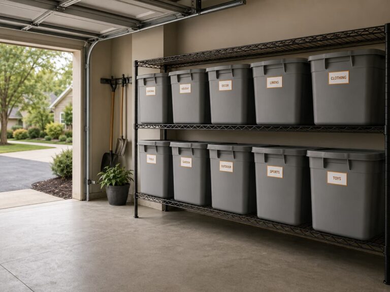 Stack of labeled plastic storage bins on a metal wire shelf in an organized residential garage, daylight