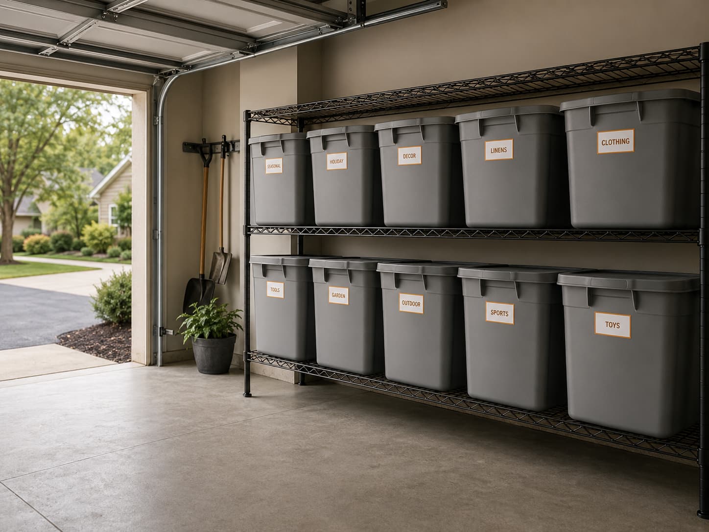 Stack of labeled plastic storage bins on a metal wire shelf in an organized residential garage, daylight