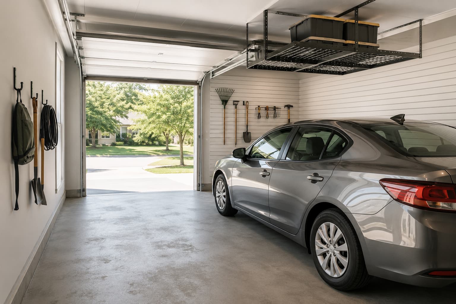 Organized one-car residential garage with slatwall storage on the rear wall and an overhead ceiling rack above the parking bay, daylight