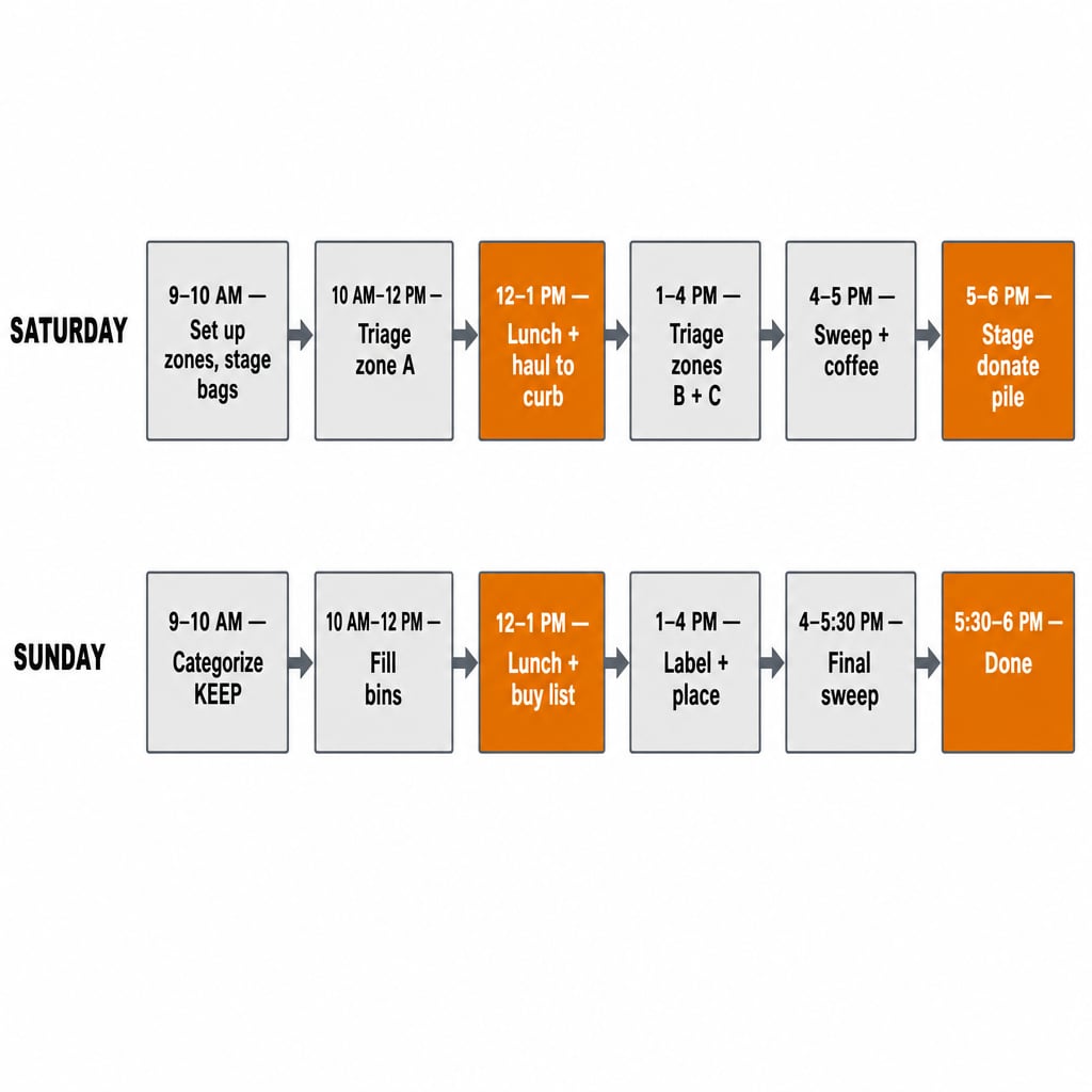 Weekend garage organization timeline showing Saturday declutter blocks and Sunday sort and label blocks with hour markers and deliverables