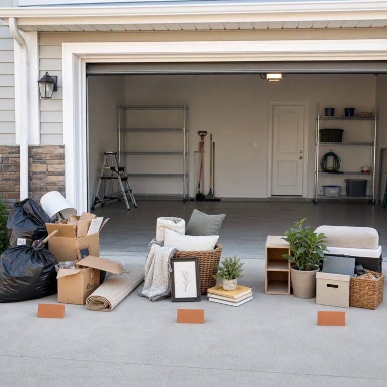 Two-car residential garage during weekend organization, items staged on the driveway in three sorted piles in daylight