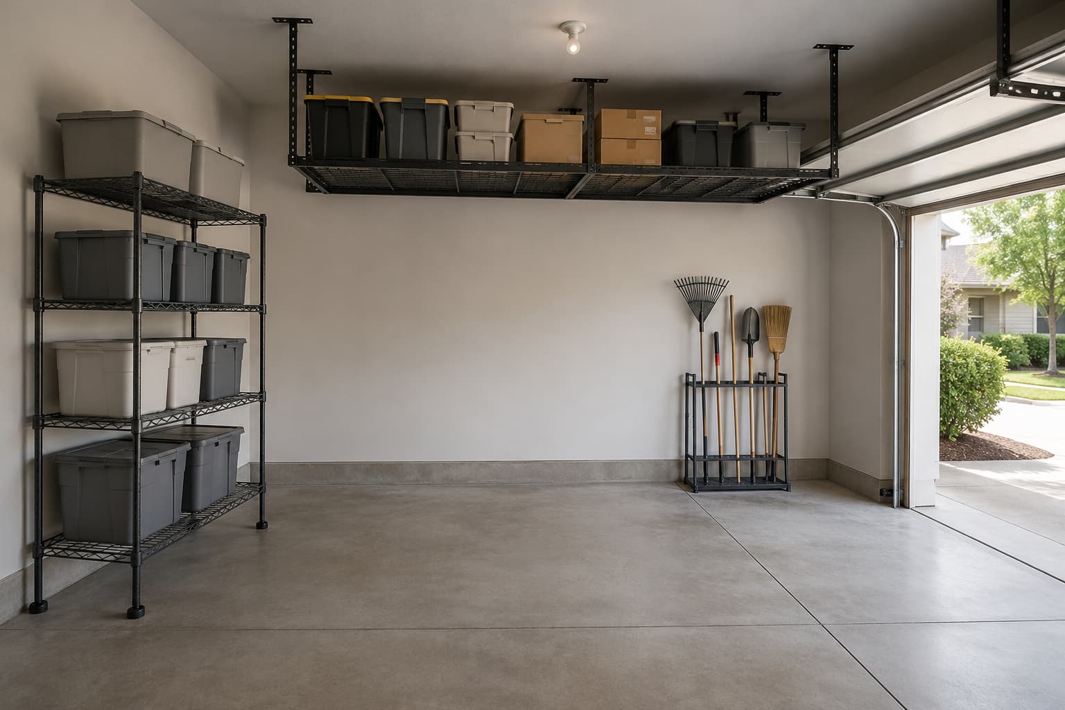 Organized residential garage with freestanding metal shelving along an open wall, a ceiling-mounted overhead rack, and a floor tool organizer, no wall hooks visible, daylight