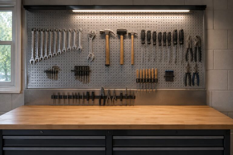 Organized garage workbench with a metal pegboard backsplash holding hand tools, a magnetic strip at the back edge of the bench surface holding chisels and screwdrivers, and a clear empty work surface ready for a project