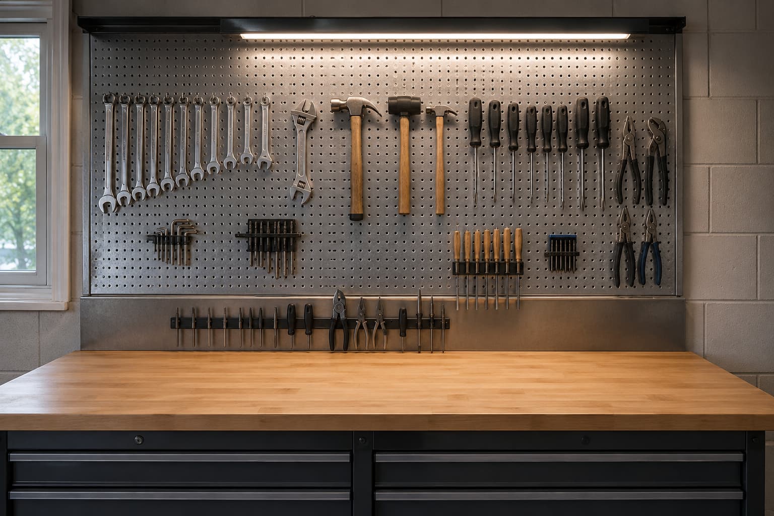 Organized garage workbench with a metal pegboard backsplash holding hand tools, a magnetic strip at the back edge of the bench surface holding chisels and screwdrivers, and a clear empty work surface ready for a project
