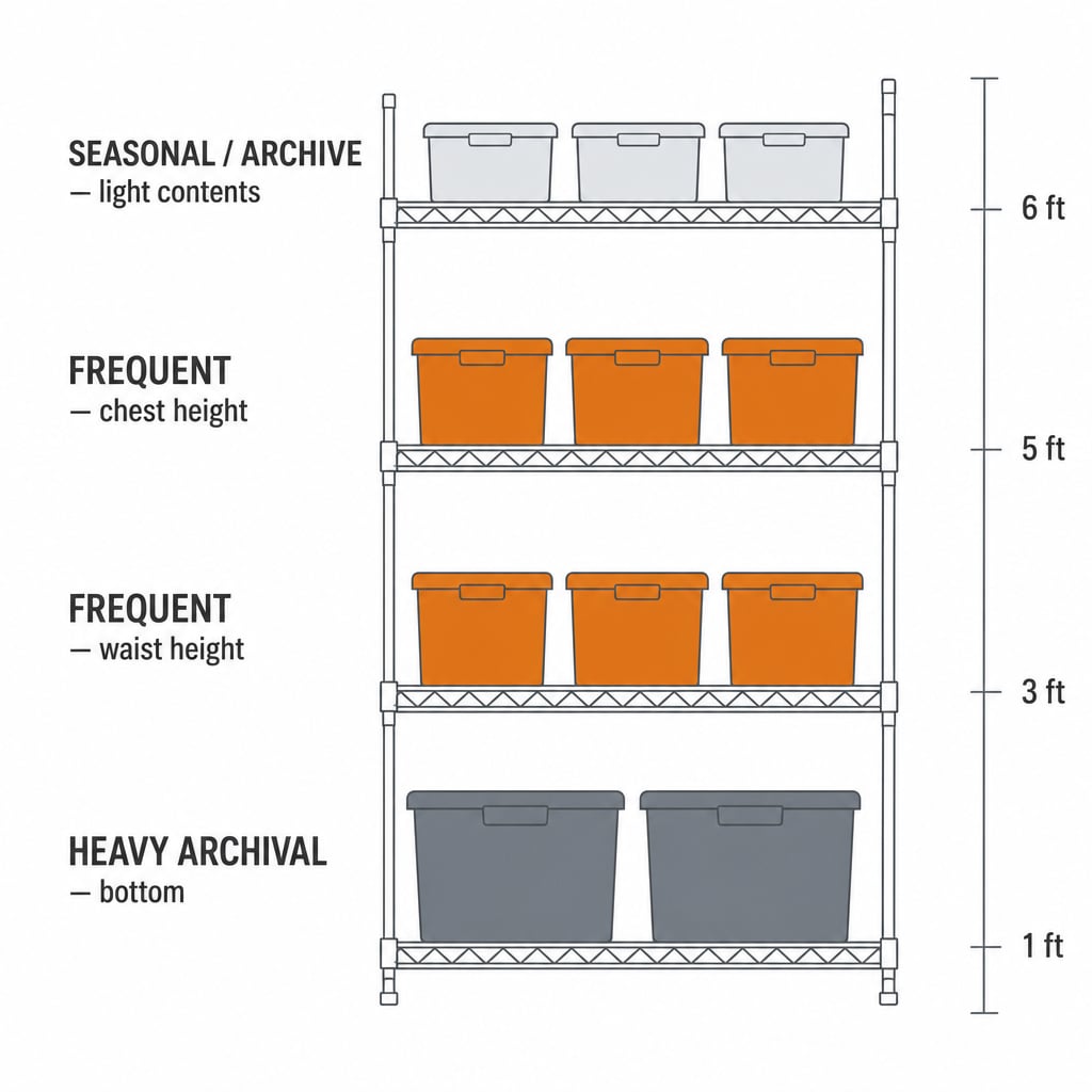 Three-tier garage shelf diagram showing top shelf for seasonal light bins, middle shelves for frequent-access bins at chest height, and bottom shelf for heavy archival bins