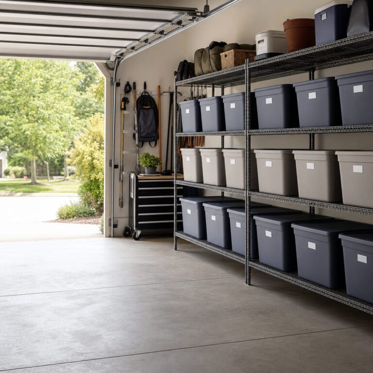 Organized residential garage wire shelving holding labeled plastic storage totes of matched sizes in daylight