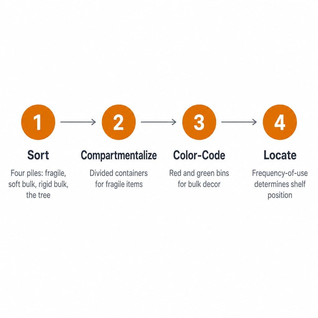 Four-step process flow for organizing Christmas decorations in a garage: sort by fragility, compartmentalize fragile items, color-code bins, locate by frequency of use