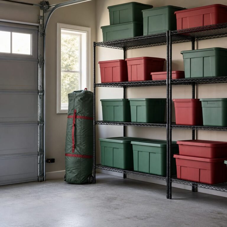 Organized garage corner with red and green plastic storage bins stacked on metal shelving, suggesting orderly Christmas decoration storage