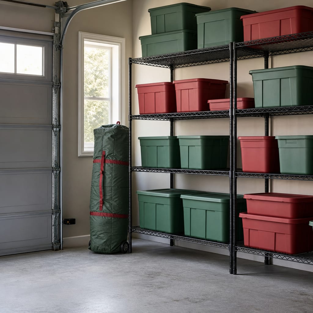 Organized garage corner with red and green plastic storage bins stacked on metal shelving, suggesting orderly Christmas decoration storage