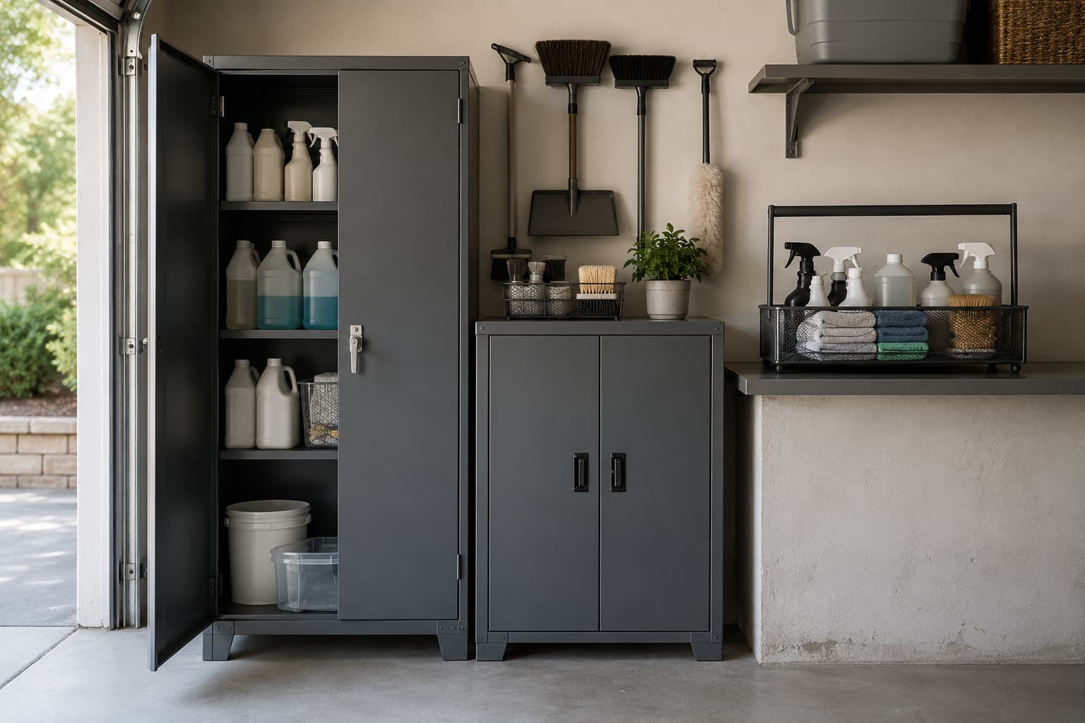 Organized garage cleaning supplies area showing a tall locked metal cabinet with chemicals on the left, a smaller closed cabinet for everyday cleaners in the center, and an open caddy with sprays and brushes at reachable height on the right