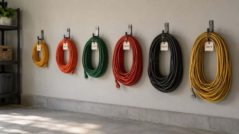 Organized garage wall with neatly coiled extension cords of various lengths hanging on labeled hooks, each cord wrapped with the over-under method and tagged with its length