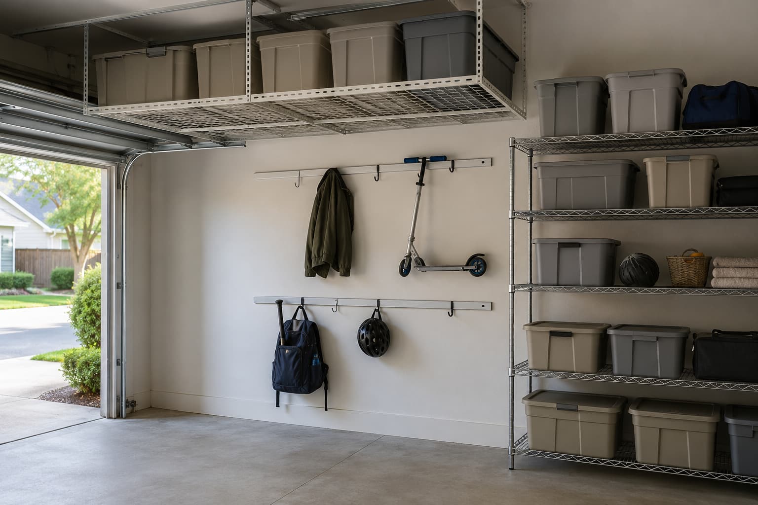 Organized residential two-car garage with kid-height wall hooks, family storage bins on shelves, and overhead ceiling rack, daylight