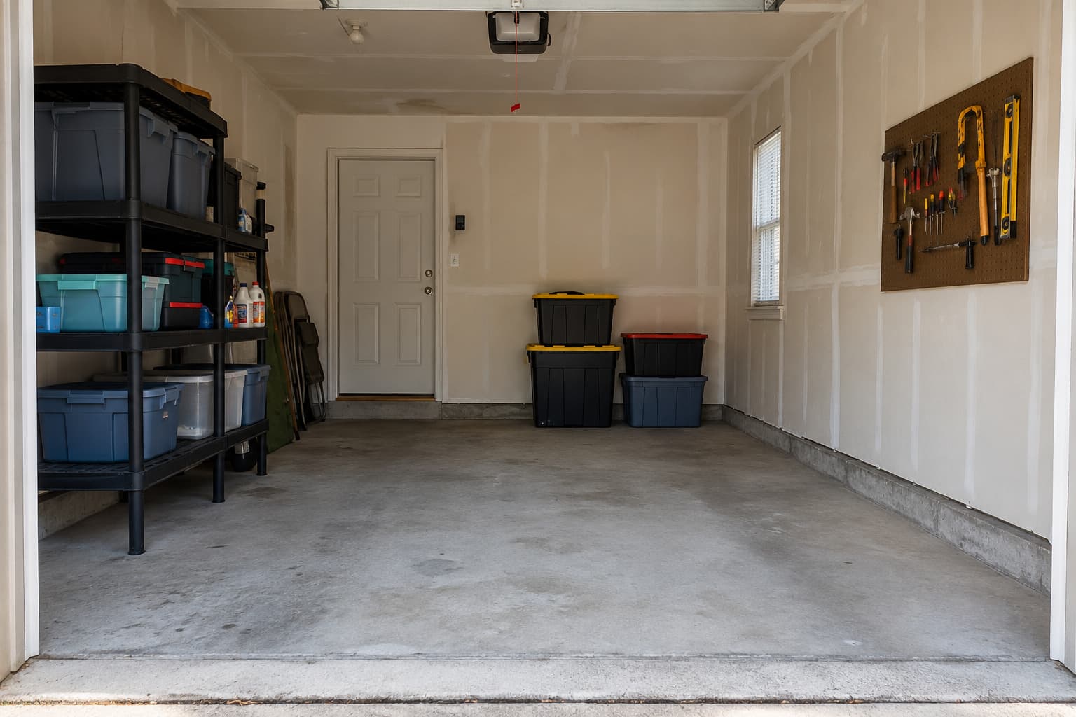Modestly organized residential garage with mixed budget storage — a plastic utility shelf, a small wall pegboard, and a few stacked storage totes