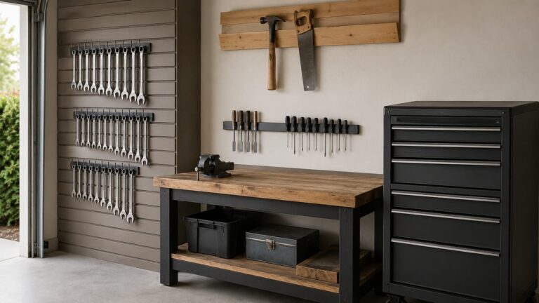 Garage tool wall showing four pegboard alternatives in use: a section of slatwall with sliding hooks on the left, a magnetic strip at the workbench edge holding metal tools in the center, a closed tool drawer chest on the right, and a French cleat with hanging tools above