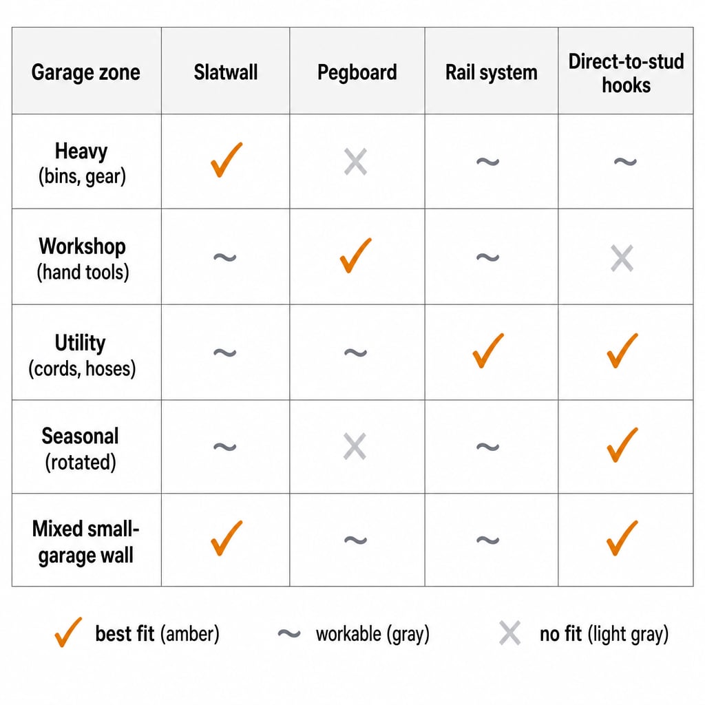 Decision matrix table showing the best wall-storage system for each garage zone — slatwall best for heavy and seasonal zones, pegboard best for workshop, rail systems best for hook-heavy walls, direct-to-stud hooks best for utility and renter zones