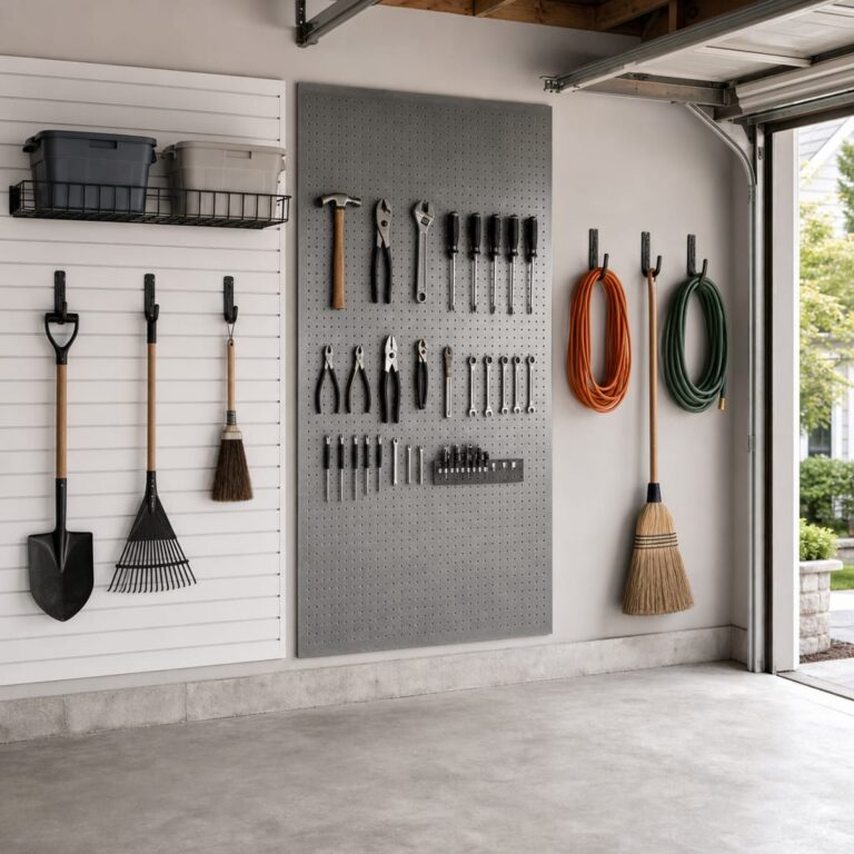 Organized residential garage wall with a slatwall panel holding plastic bins, a pegboard with hand tools, and a row of hooks holding cords and a broom, daylight, neutral palette