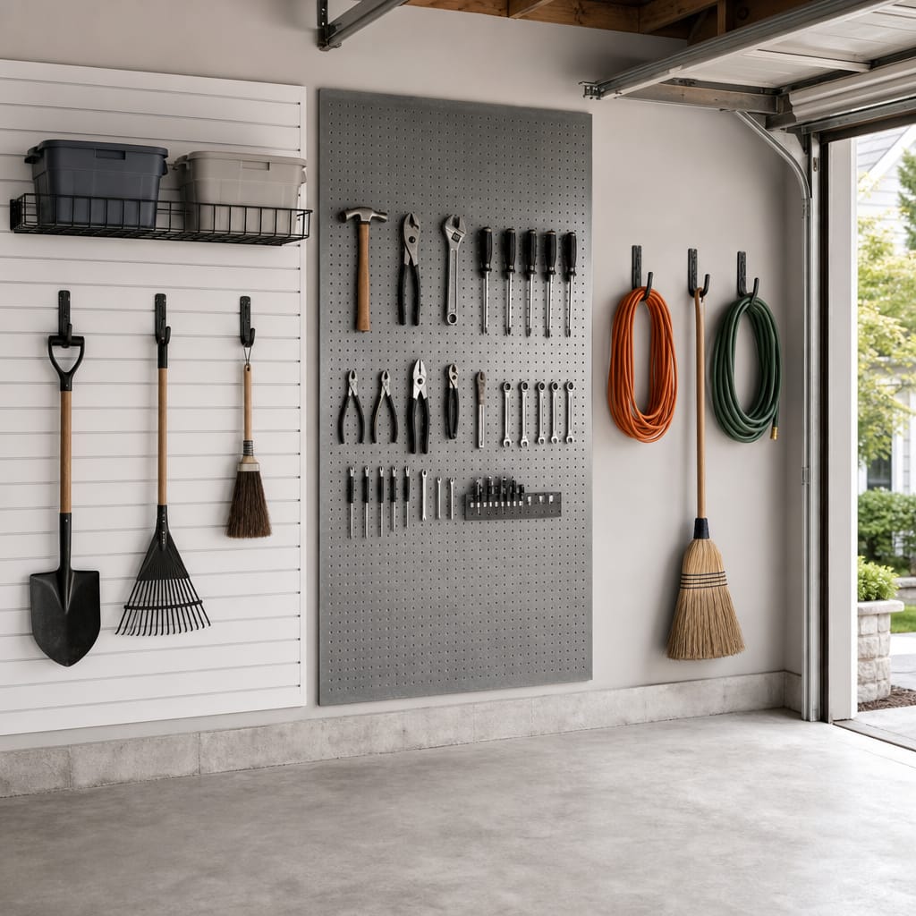 Organized residential garage wall with a slatwall panel holding plastic bins, a pegboard with hand tools, and a row of hooks holding cords and a broom, daylight, neutral palette