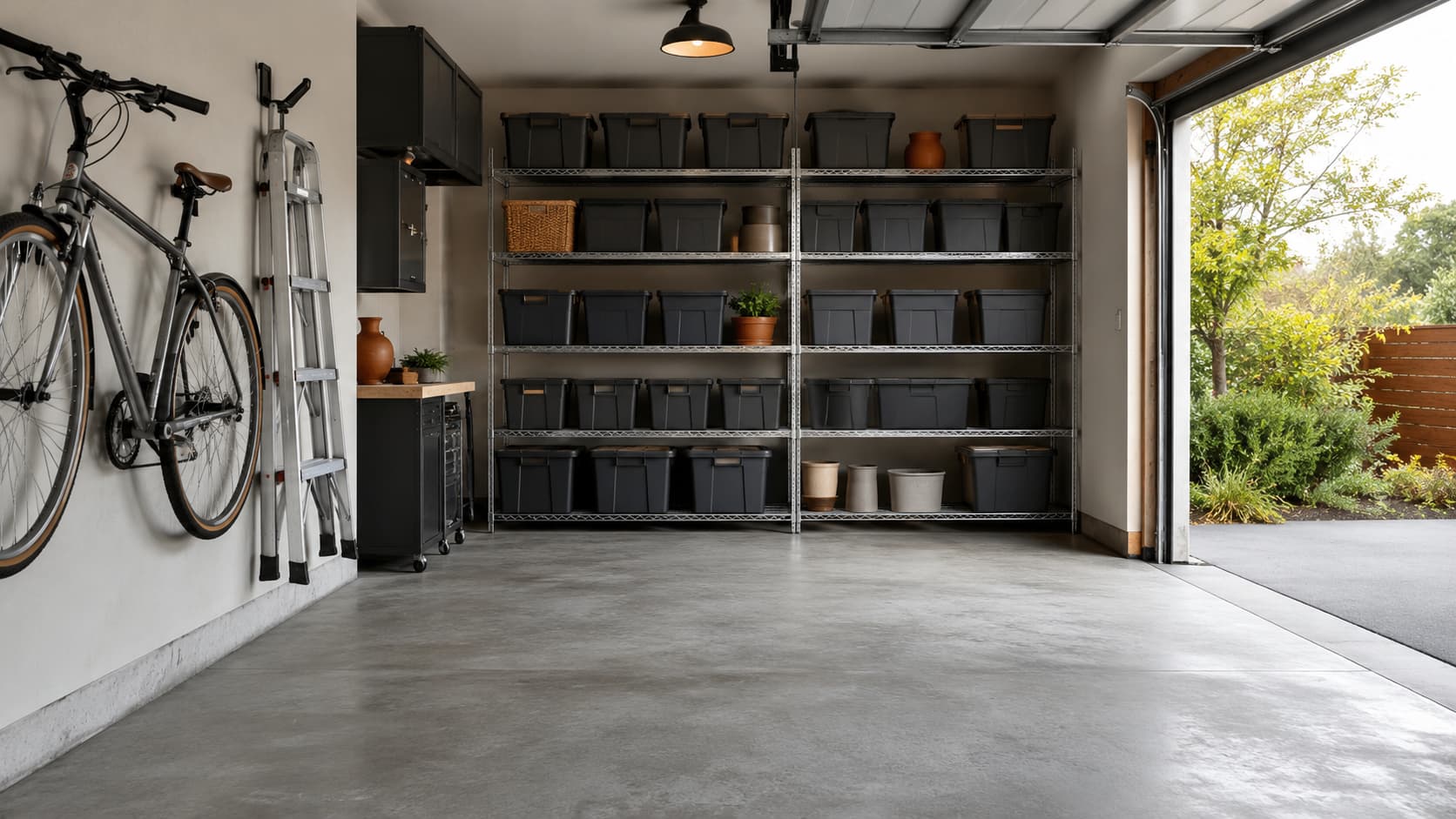 How to organize a small garage — small one-car residential garage with stacked totes on metal shelving and wall-mounted bicycle and ladder