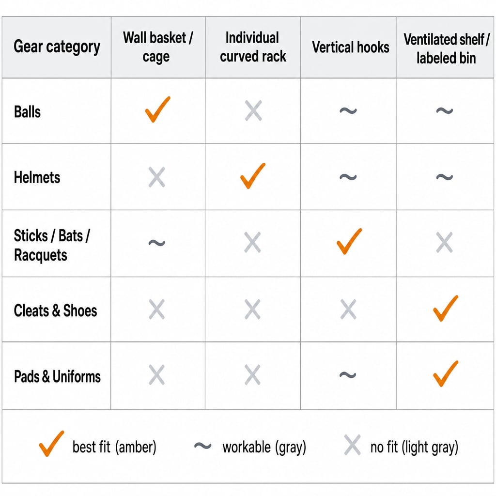 Decision matrix showing five sports gear categories on the rows and four storage type options on the columns, with best-fit cells highlighted in amber to guide family garage organization