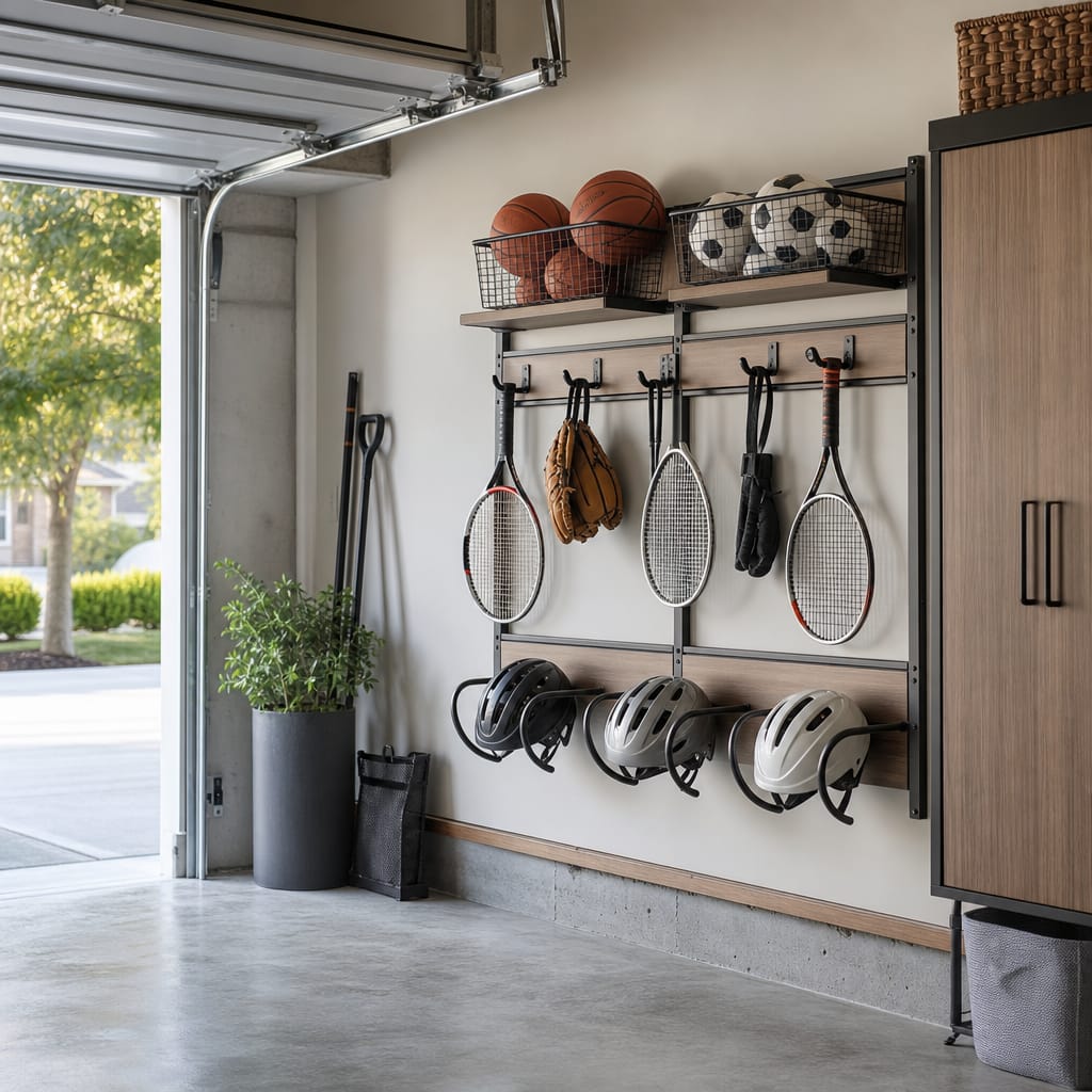 Organized residential garage corner with a wall-mounted sports gear rack holding balls in baskets, hooks for racquets and bats, and a row of helmets, daylight, neutral palette