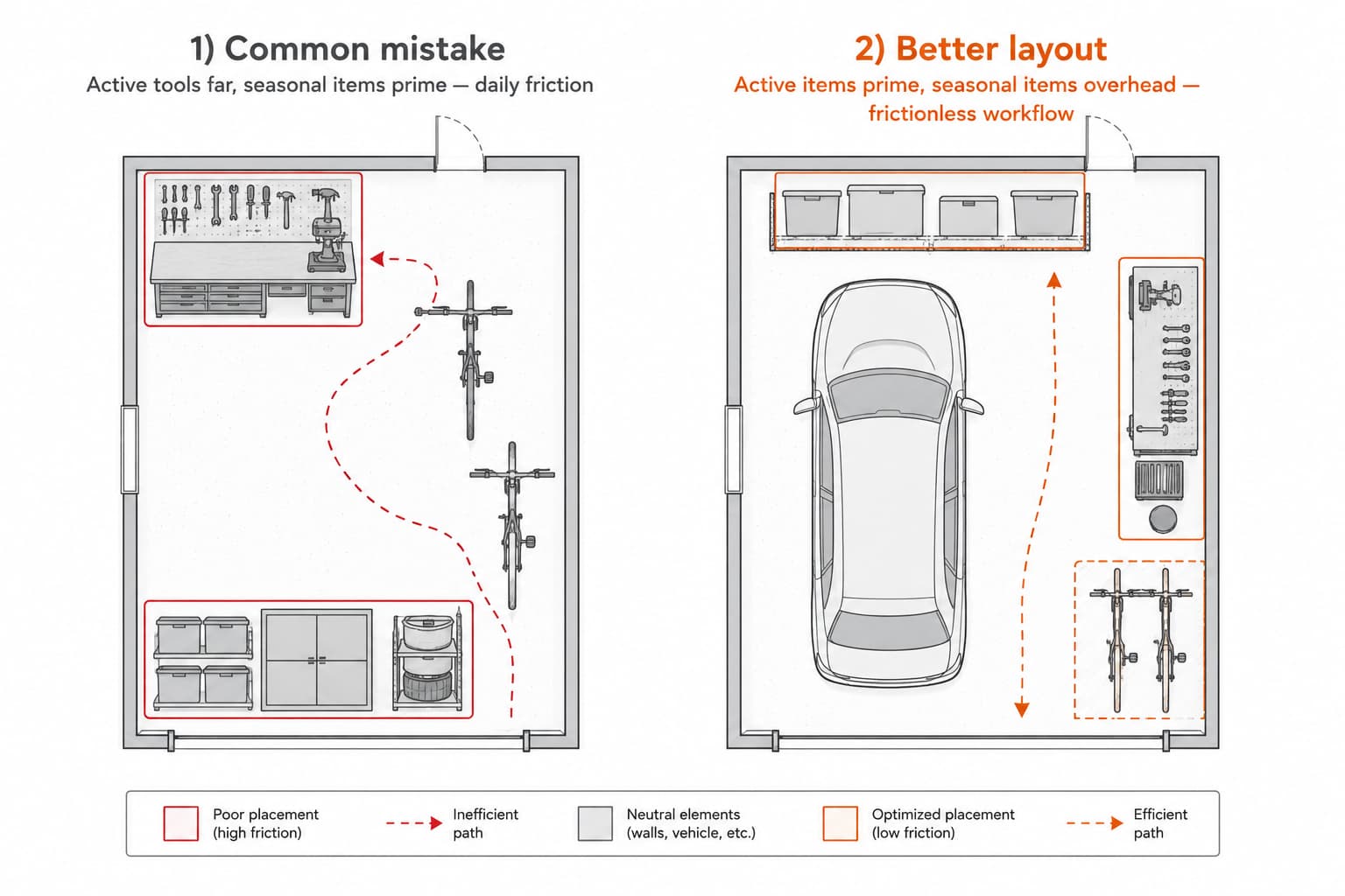 Two-panel comparison showing a wrong layout with active tools in the back corner and seasonal items at eye level on the left, versus a correct layout with active tools at eye level and seasonal items in overhead racks on the right