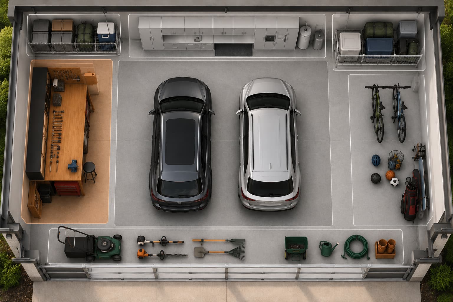 Top-down view of an organized two-car garage with color-coded zones for vehicle parking, active workshop area, seasonal storage, bike and sports gear, lawn and garden, and utility supplies