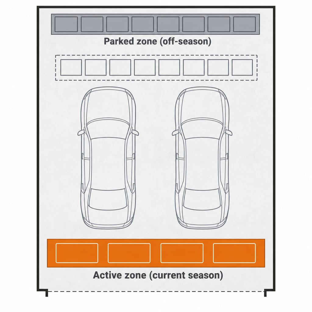 Top-down garage floor plan showing the Active zone at the front wall in warm amber and the Parked zone on the back overhead ceiling rack in neutral gray