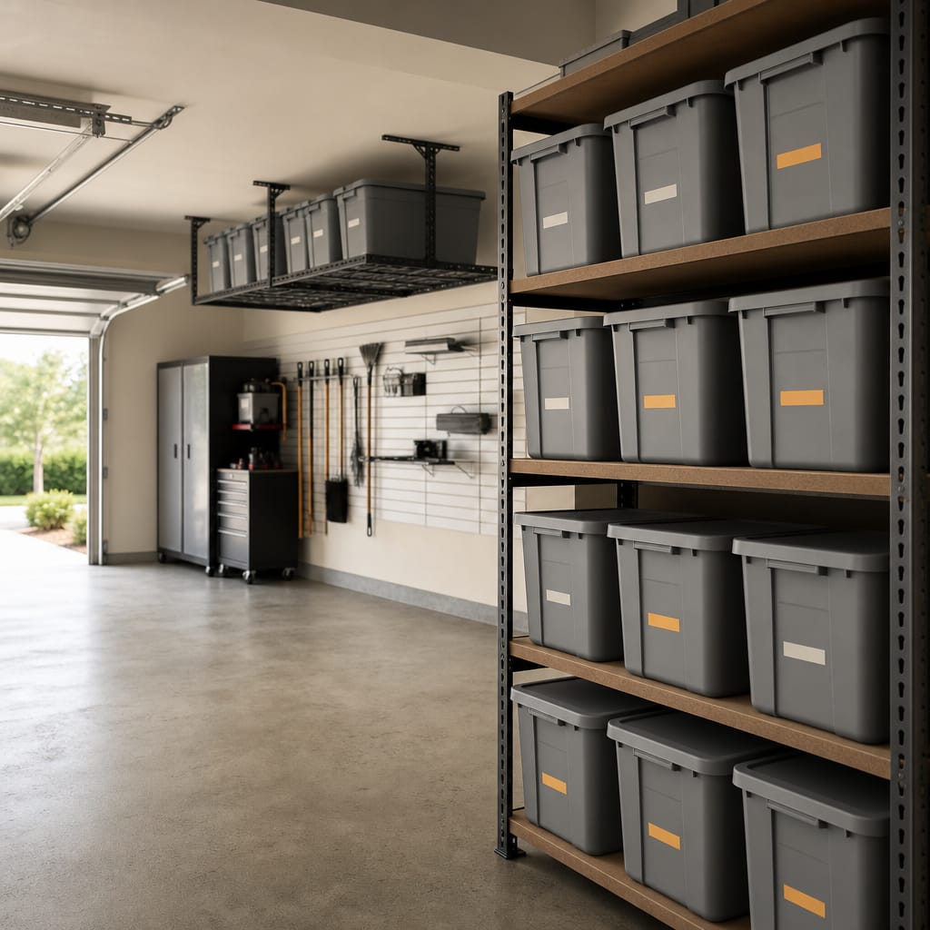 Organized two-car garage with eye-level wall shelving holding labeled storage totes in the foreground and an overhead ceiling rack with stacked totes in the background