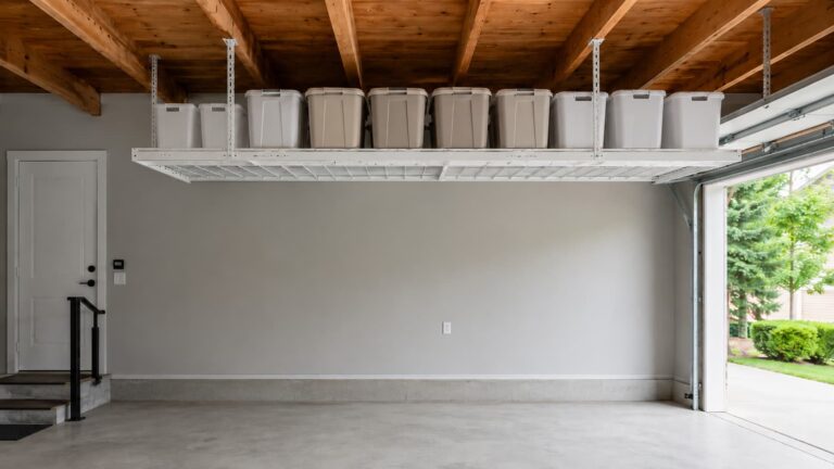 Organized residential garage with a well-loaded white overhead ceiling rack visible in upper frame holding evenly distributed plastic storage bins, daylight from open garage door, neutral palette, no people