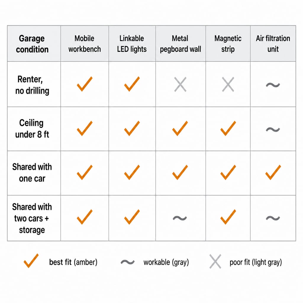 Decision matrix mapping four garage conditions to the five workshop-area components, showing which components are best fit, workable, or poor fit for each condition