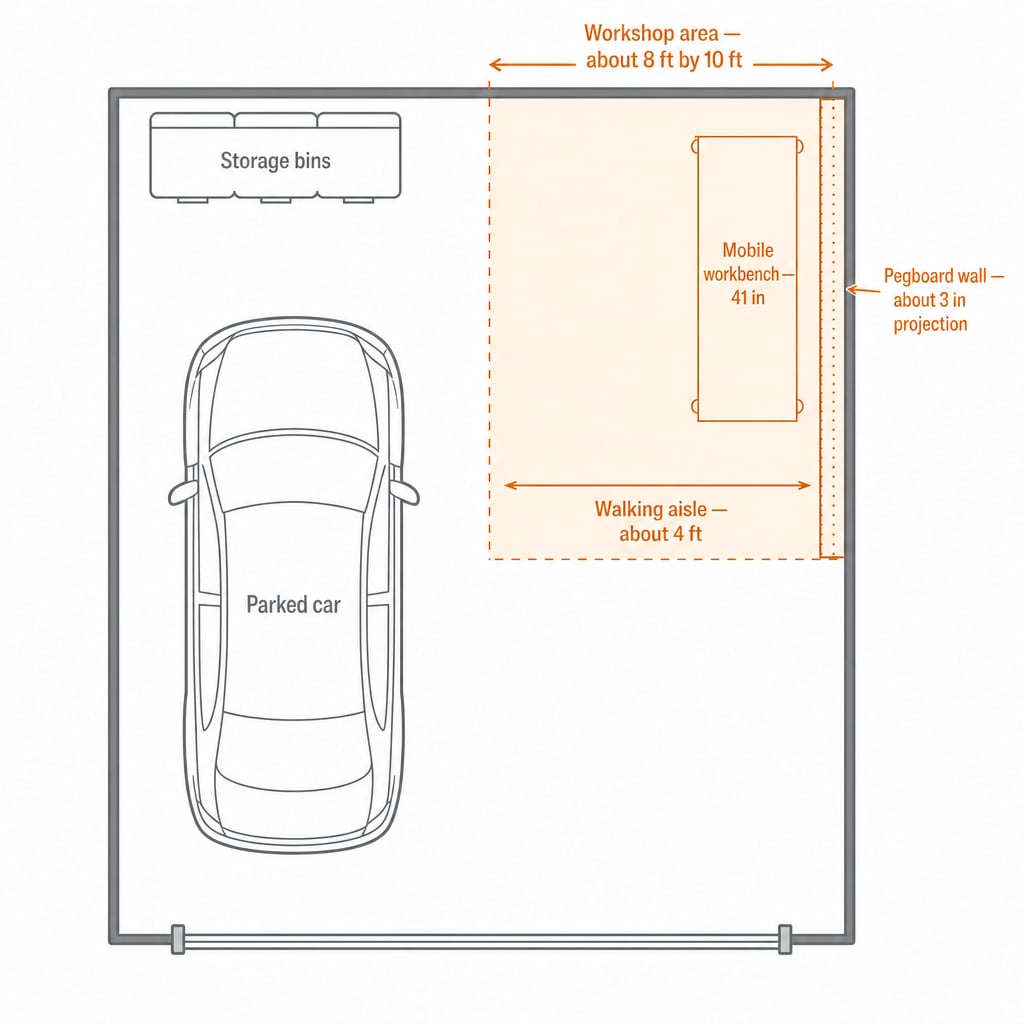 Annotated top-down floor plan of a two-car garage showing the workshop area carved into one quarter of the floor with measurements for bench length, walking aisle, car parking footprint, and wall projection