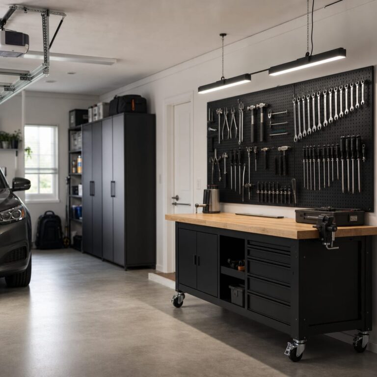 Corner of a residential two-car garage organized as a workshop area with a mobile workbench, a wall-mounted pegboard, and overhead linkable LED shop lights