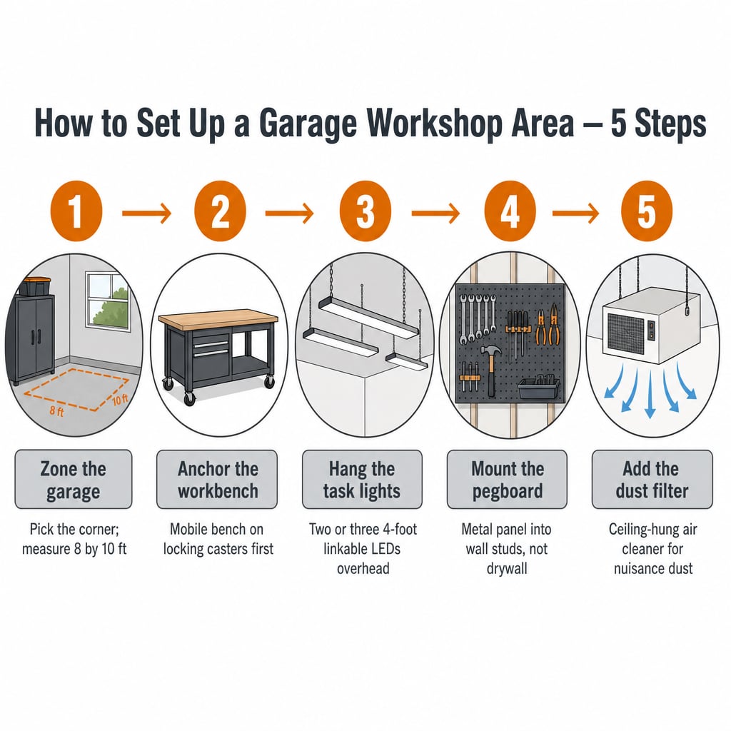 Five-step infographic for setting up a garage workshop area: zone the garage, anchor the workbench, hang the task lights, mount the pegboard, add the dust filter