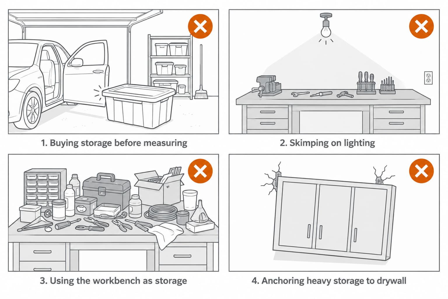 Infographic of four common garage workshop setup mistakes: buying storage before measuring, skimping on lighting, treating the workbench as storage, and anchoring heavy storage to drywall