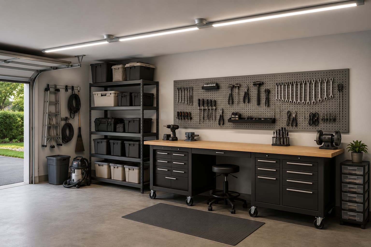Organized residential garage workshop with workbench, pegboard wall, and overhead LED shop lights in daylight