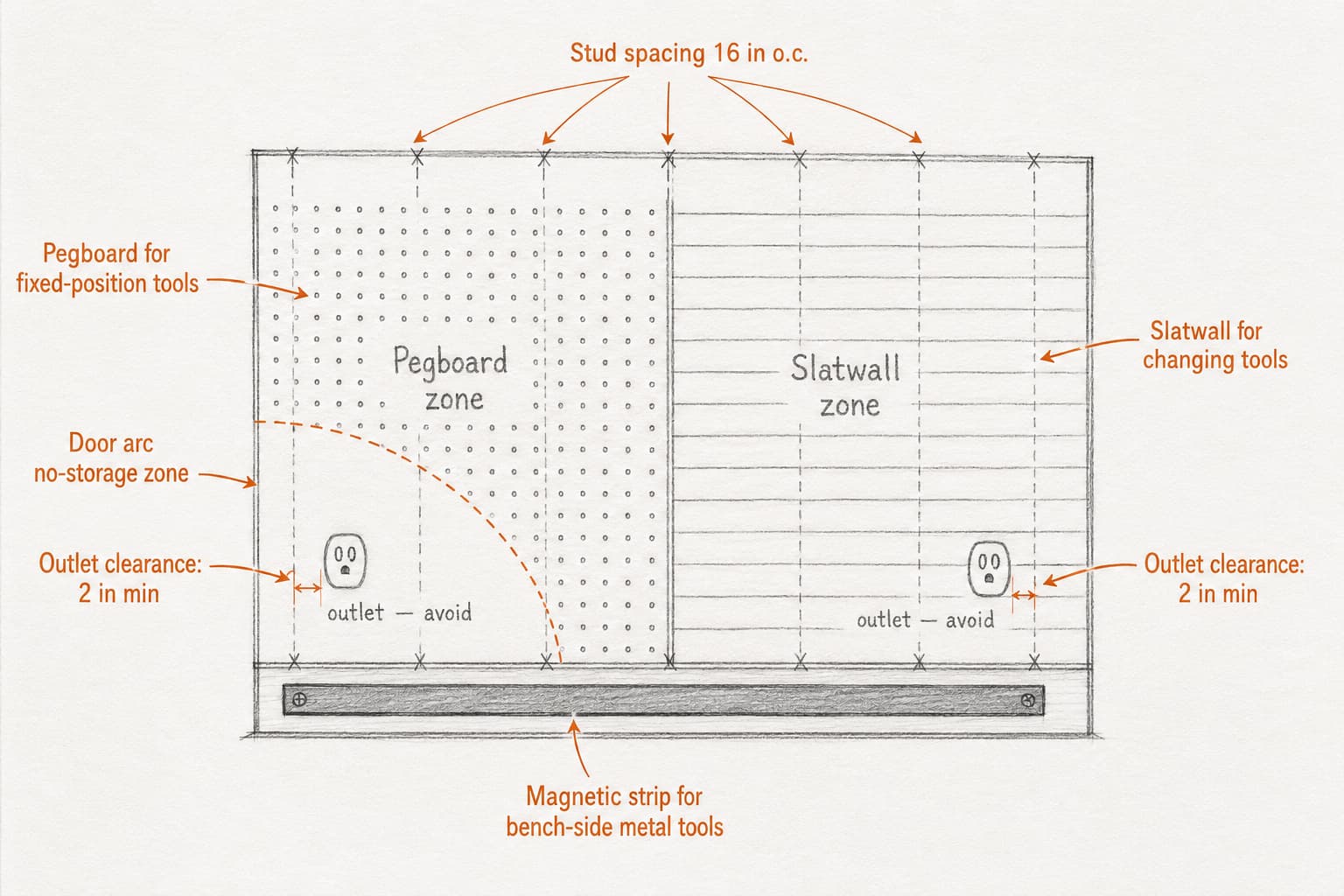 Paper layout sketch of a garage tool wall showing pegboard zone on the left, slatwall zone on the right, magnetic strip at the workbench edge, marked stud positions every 16 inches, vehicle door swing arc, and outlet locations to avoid