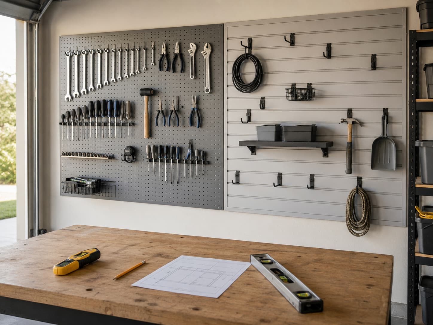 Organized residential garage tool wall mid-installation: a combination of metal pegboard on one half and slatwall on the other half, with hand tools placed in their final positions, a stud finder and pencil visible on a nearby workbench