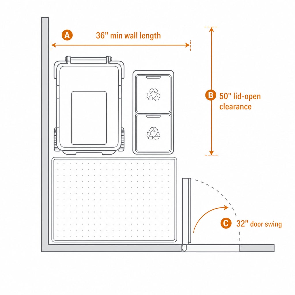 Top-down diagram of a 3-foot-wide garage waste zone showing wheeled can, dual sorter, and door-swing clearance with measurement arrows