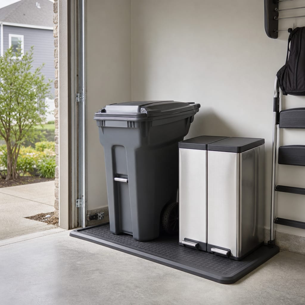 Tidy residential garage corner with a wheeled trash can and a dual-compartment recycling sorter on a rubber mat, daylight, neutral palette